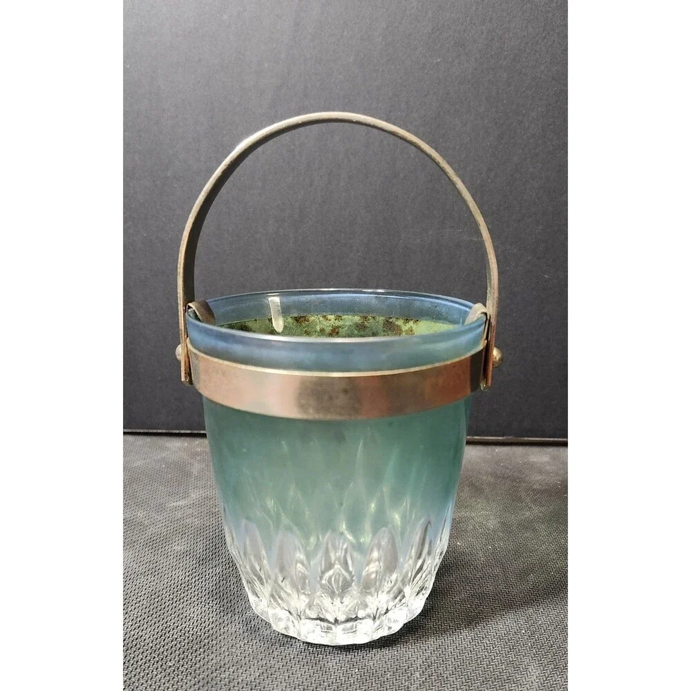 Blue and Clear Glass Ice Bucket with Metal Handle, Round Shape, 4.5